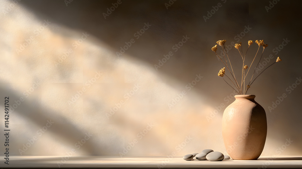 Still life with a vase and pebbles, with sunlight casting shadows, creating a serene and tranquil ambiance, highlighting the beauty of simplicity and natural light in a minimalist setting.
Still life with a vase and pebbles, with sunlight casting shadows, creating a serene and tranquil ambiance, highlighting the beauty of simplicity and natural light in a minimalist setting.