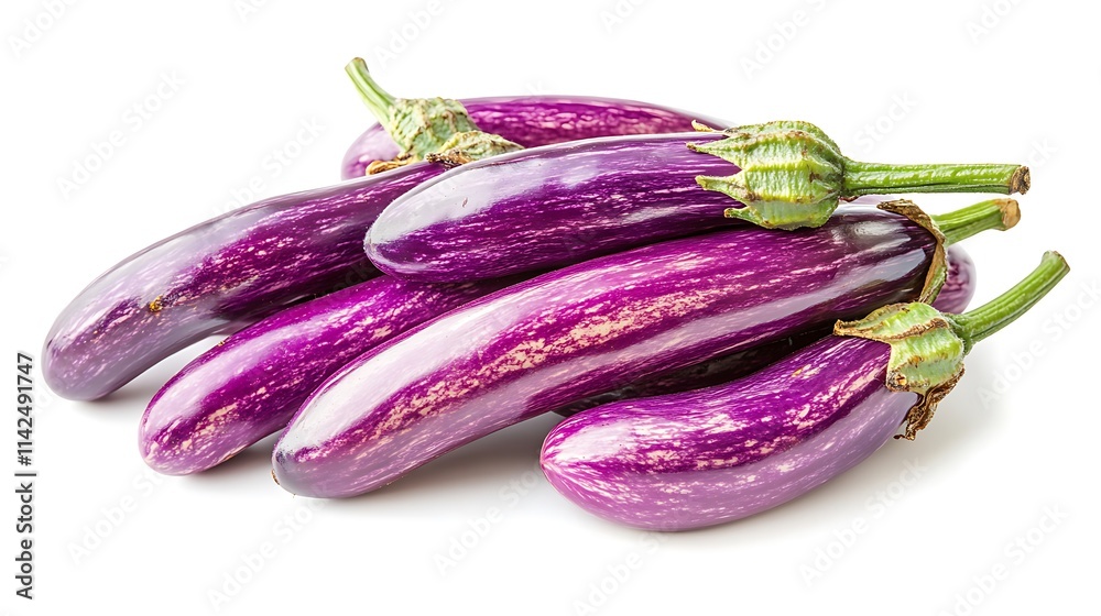 Close-up image of shiny purple eggplant with smooth skin and subtle stem details, isolated on white background, rich saturation and sharp focus Close-up image of shiny purple eggplant with smooth skin and subtle stem details, isolated on white background, rich saturation and sharp focus