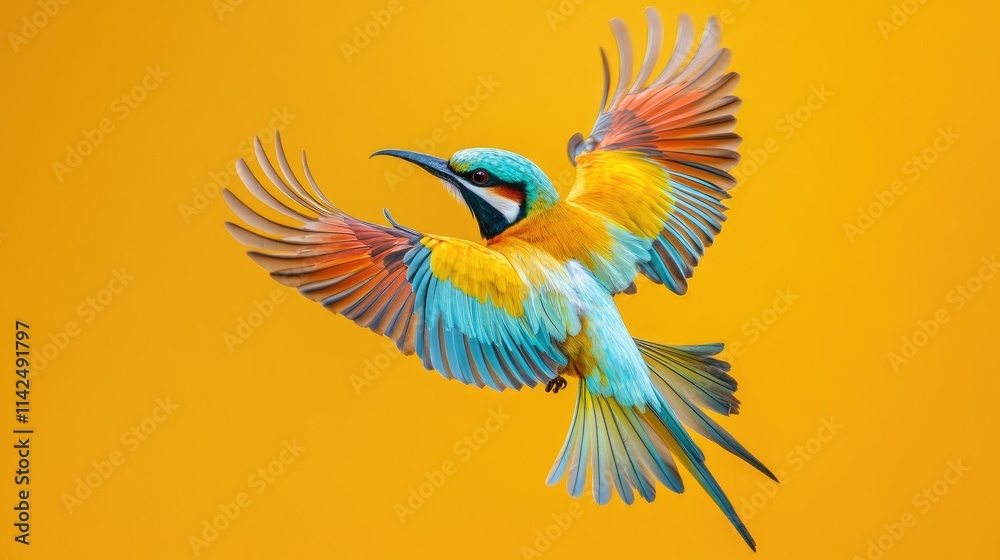 Fototapeta premium European Bee-eater in Flight: A Symphony of Colors Against a Golden Backdrop