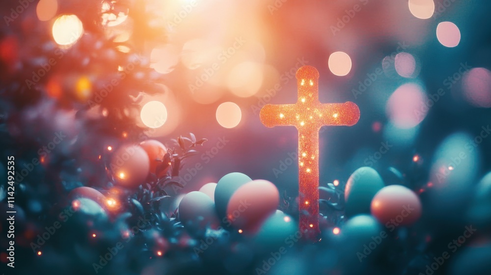 A shining cross with an Easter bunny surrounded by glowing eggs on a dreamy abstract background with text-friendly space. A shining cross with an Easter bunny surrounded by glowing eggs on a dreamy abstract background with text-friendly space.