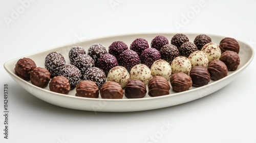 An artistic representation of chocolate truffles in various flavors, elegantly displayed on a platter