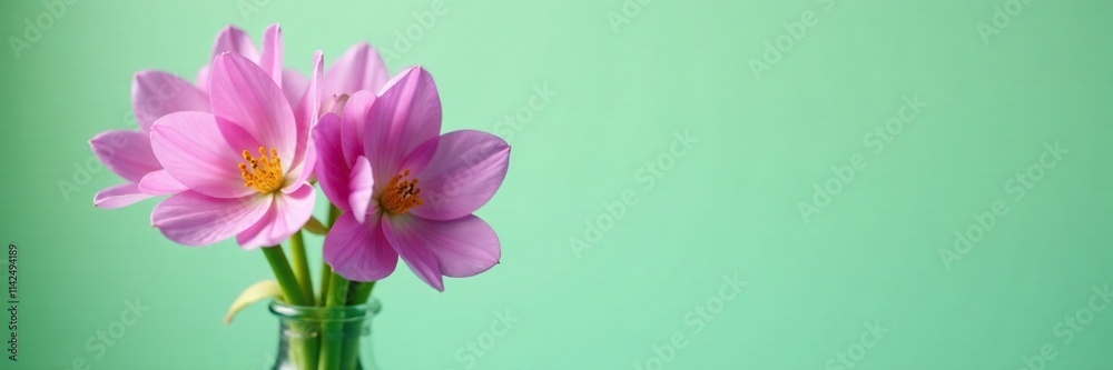 A delicate arrangement of pink and purple flowers in a vase against a soft green background, arrangement, fresh cut flowers A delicate arrangement of pink and purple flowers in a vase against a soft green background, arrangement, fresh cut flowers