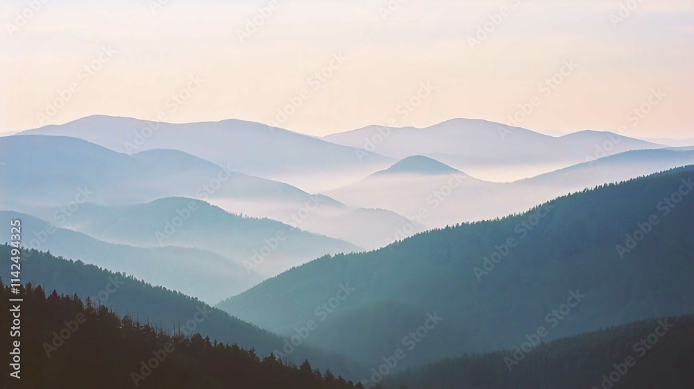 Misty Mountain Landscape at Sunrise with Clouds and Forest View Misty Mountain Landscape at Sunrise with Clouds and Forest View