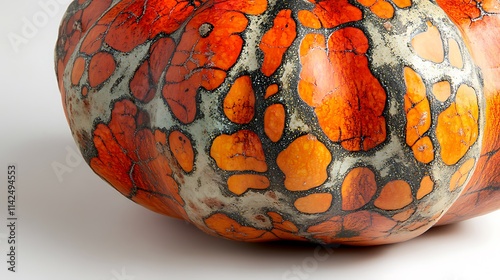 Detailed close-up emphasizing pumpkin’s rich color and fine surface patterns, white backdrop providing striking contrast, minimalism enhancing overall freshness  photo