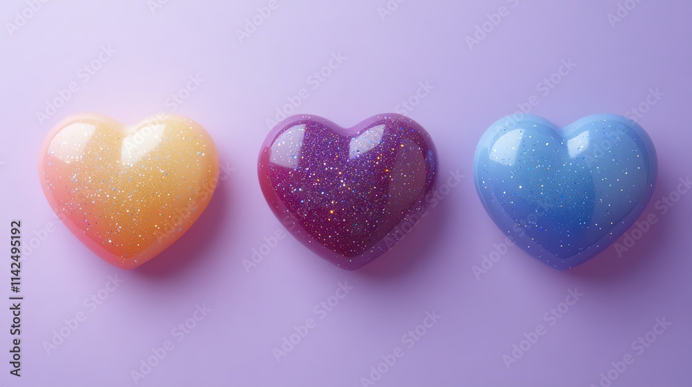 Colorful heart-shaped candies with sparkles on a pastel background. Colorful heart-shaped candies with sparkles on a pastel background.