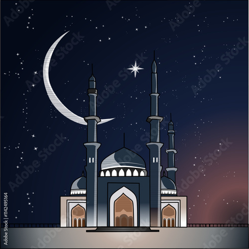 Islamic Dome Mosque with a Minaret under a Crescent Moon and Stars in a Beautiful Night Sky illustration.