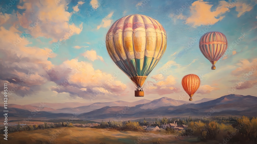 Naklejka premium Colorful hot air balloons soaring in a scenic landscape.