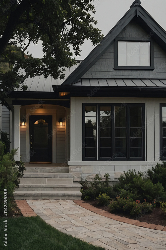 A light-grey house with dark-grey trim and black windows. A stone walkway leads from the steps to the lawn. Landscaping includes shrubs and grass. The style is contemporary. A light-grey house with dark-grey trim and black windows. A stone walkway leads from the steps to the lawn. Landscaping includes shrubs and grass. The style is contemporary.