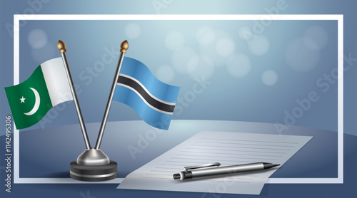 Pakistan and Botswana National flags on small table with bokeh background, cooperative relationship