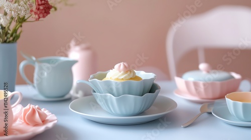 Wallpaper Mural Delicate pastel table setting with dessert and floral elements. Torontodigital.ca