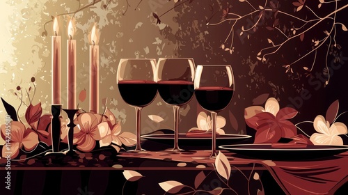 An artistic vector design of a romantic dinner setup, including candles, wine glasses, and flowers