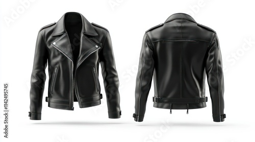 A black leather motorcycle jacket displayed from front and back views.