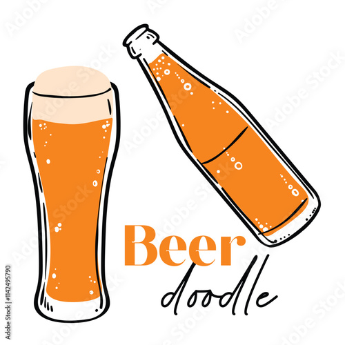 Doodle of beer in bottle and glass. Simple outline of alcoholic drink made out of hops. illustration for online and print design projects. 