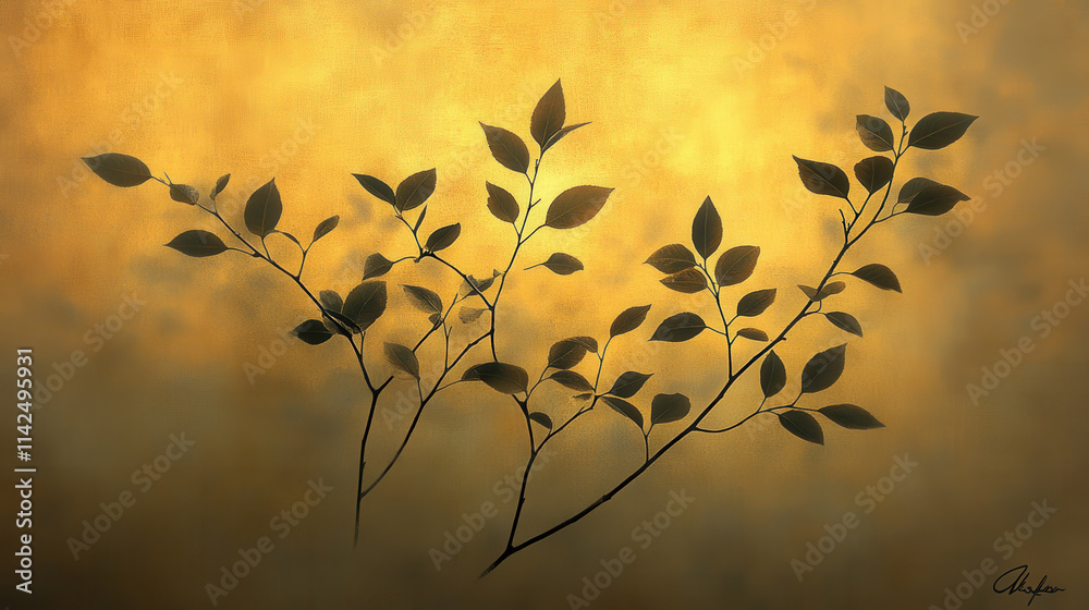 serene silhouette of leaves against warm golden background, creating calming and artistic atmosphere. delicate branches evoke sense of nature and tranquility serene silhouette of leaves against warm golden background, creating calming and artistic atmosphere. delicate branches evoke sense of nature and tranquility