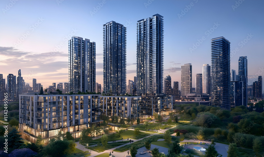 Obraz premium Modern urban landscape featuring high-rise buildings and green spaces at dusk.
