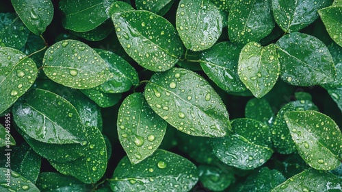 Lush green leaves covered in water droplets, symbolizing freshness. photo