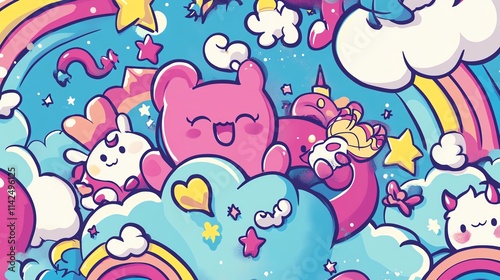 Playful illustration of colorful clouds, stars, and cute animals.