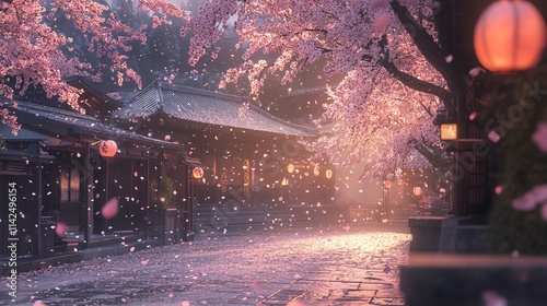 Serene cherry blossom path illuminated by lanterns at dusk. photo