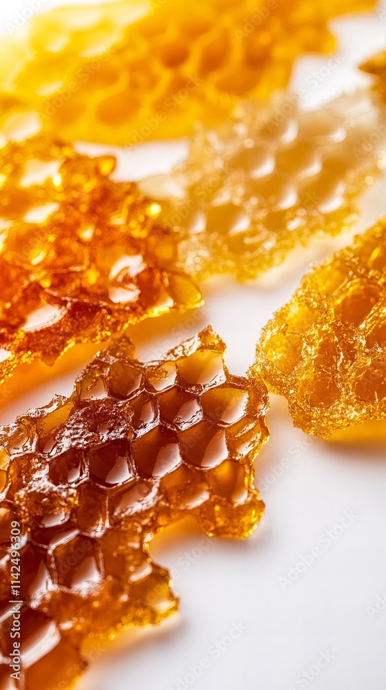Close-up view of honeycomb pieces, showcasing their intricate hexagonal structure and rich amber color. The texture appears sticky and glistening. Close-up view of honeycomb pieces, showcasing their intricate hexagonal structure and rich amber color. The texture appears sticky and glistening.