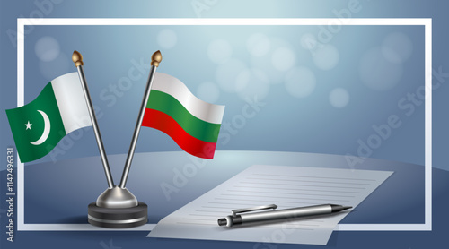 Pakistan and Bulgaria National flags on small table with bokeh background, cooperative relationship