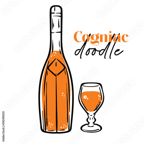 Doodle of cognac in a bottle and glass. Simple outline of alcoholic drink. Vector illustration for online and print design projects. 