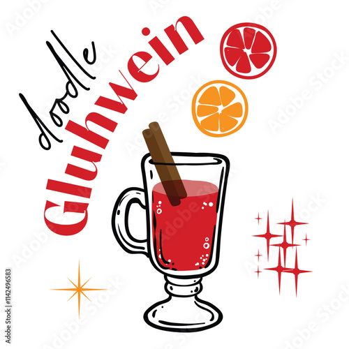 Doodle of mulled wine in a glass. Simple outline of hot alcoholic Christmas drink made out of wine, cinnamon, cloves, citrus, and sugar, enjoyed during festive seasons. 