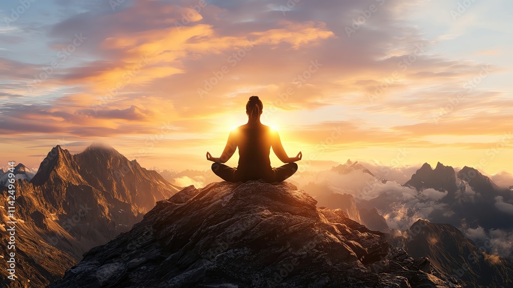 Realistic StressFree Meditation Moments visualized as a person meditating on a mountain summit at sunrise, with glowing light creating a peaceful, panoramic scene. Realistic StressFree Meditation Moments visualized as a person meditating on a mountain summit at sunrise, with glowing light creating a peaceful, panoramic scene.