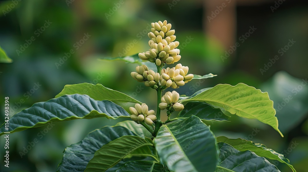 Close-up of delicate coffee blossoms on a lush green coffee plant, showcasing the beauty of nature's caffeine source. Close-up of delicate coffee blossoms on a lush green coffee plant, showcasing the beauty of nature's caffeine source.
