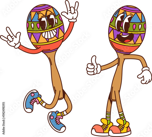 Cartoon groovy maracas musical instrument characters. Isolated vector mexican percussion rattle personages pair dancing during Fiesta or Cinco de Mayo Latin party celebration exuding retro funky vibes