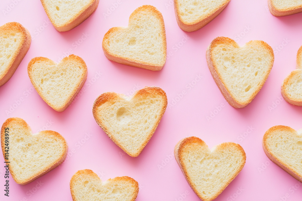 Heart-shaped bread slices arranged on a pink background for Valentine's Day celebration Heart-shaped bread slices arranged on a pink background for Valentine's Day celebration
