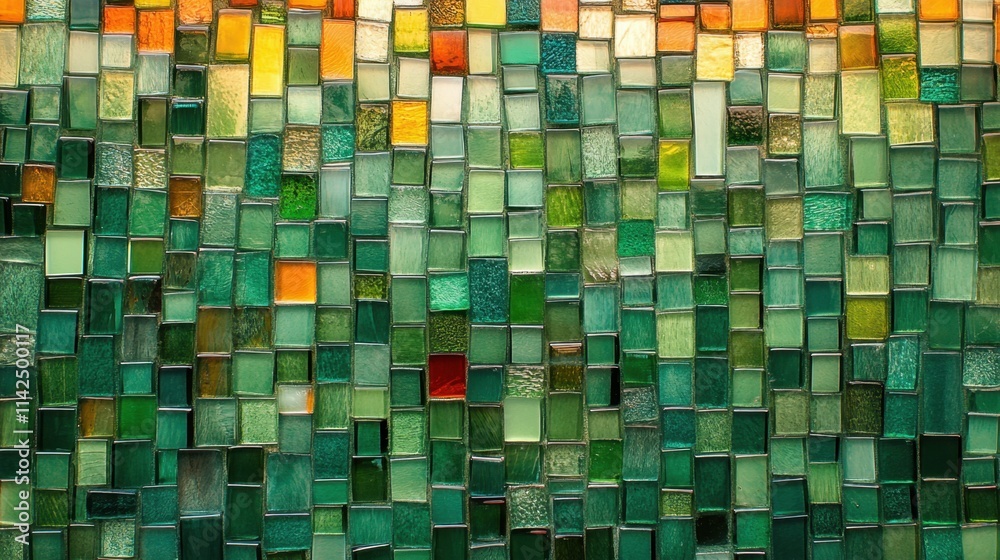 Fototapeta premium A vibrant mosaic of multicolored glass tiles with shimmering textures and a soft gradient of light, creating a realistic background.