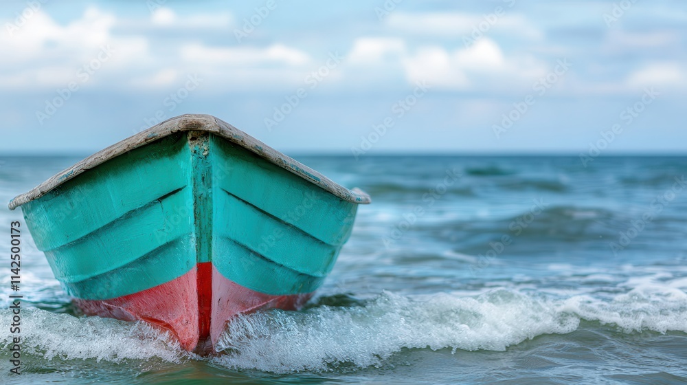 Fisherman aesthetic evokes ocean adventure. Boat sailing in calm waters under a cloudy sky. Fisherman aesthetic evokes ocean adventure. Boat sailing in calm waters under a cloudy sky.