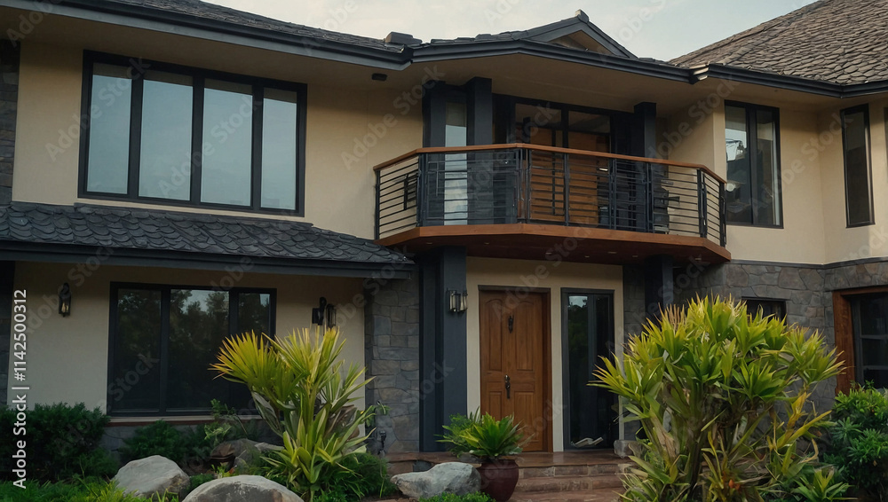 Fototapeta premium Two-story residential building with beige stucco, dark gray stone accents, dark-framed windows, and a wooden balcony. Landscaping includes shrubs and rock features.