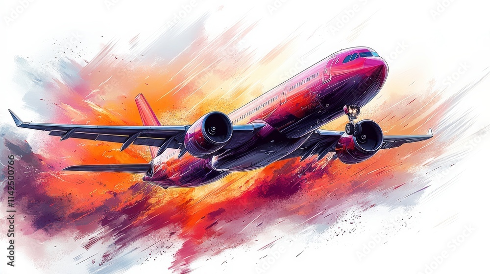 Vibrant and Dynamic Illustration of a Jet Airplane Taking Off Against a Colorful Background of Explosive Orange and Red Hues in a Stunning Artistic Style Vibrant and Dynamic Illustration of a Jet Airplane Taking Off Against a Colorful Background of Explosive Orange and Red Hues in a Stunning Artistic Style