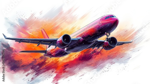 Vibrant and Dynamic Illustration of a Jet Airplane Taking Off Against a Colorful Background of Explosive Orange and Red Hues in a Stunning Artistic Style