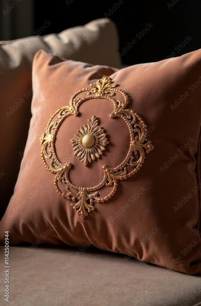 closeup of plush mocha mousse velvet cushion adorned with intricate gold embroidery, pillow elegantly placed on modern sofa. interior and furniture design, luxury decor. closeup of plush mocha mousse velvet cushion adorned with intricate gold embroidery, pillow elegantly placed on modern sofa. interior and furniture design, luxury decor.