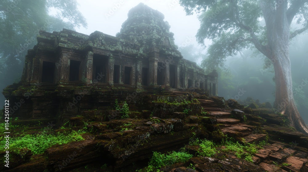 Mysterious Angkor Wat Temple Ruins, Foggy Jungle, Ancient Stone Mysterious Angkor Wat Temple Ruins, Foggy Jungle, Ancient Stone