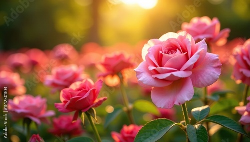 A field of blooming pink fresh roses in full bloom with warm sunlight, garden decor, floral bouquet