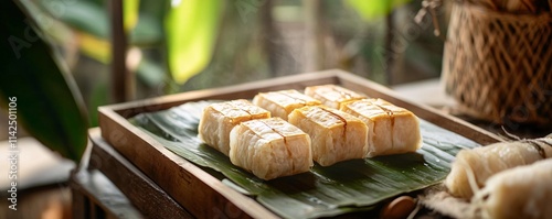 Delicious kueh kochi resting on banana leaf in wooden tray photo