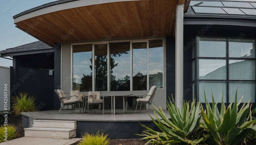 Fototapeta premium Modern home exterior with a covered patio featuring a wood ceiling, large windows, dark gray siding, and patio furniture. Landscaping includes greenery bordering the patio and walkway.