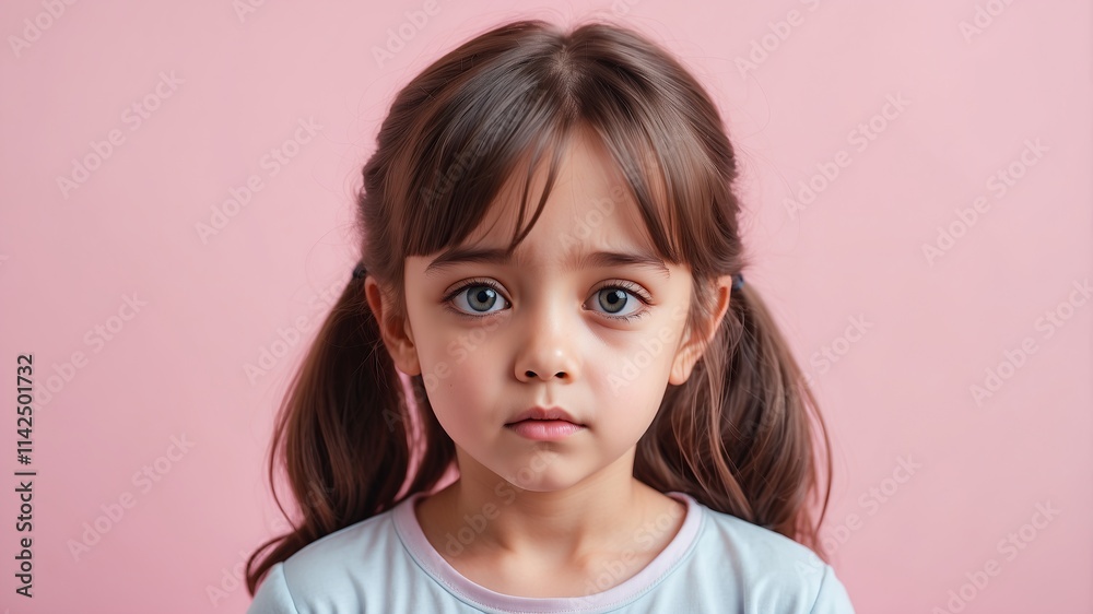Portrait of Cute Sad Child Girl Over Pastel Pink Background with Copy Space Portrait of Cute Sad Child Girl Over Pastel Pink Background with Copy Space