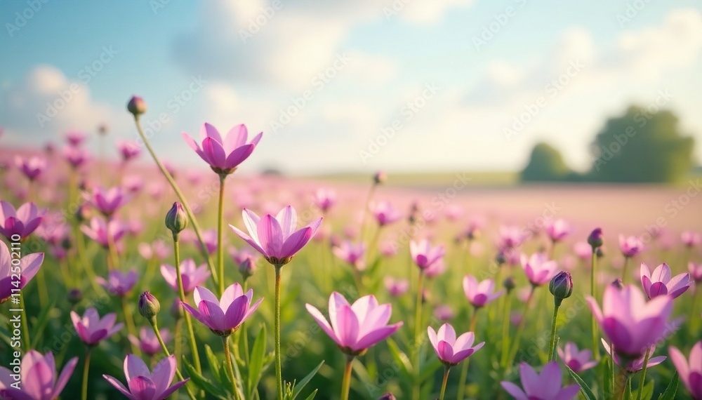 A field of pale pink and lavender wildflowers swaying gently, gentle breeze, nature landscape A field of pale pink and lavender wildflowers swaying gently, gentle breeze, nature landscape