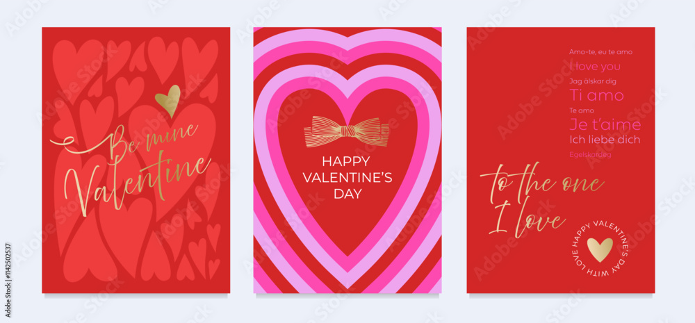 Set of Valentine’s Day greeting cards with hearts and gold typography. Romantic and modern design for Valentine’s Day celebrations, cards, and prints.