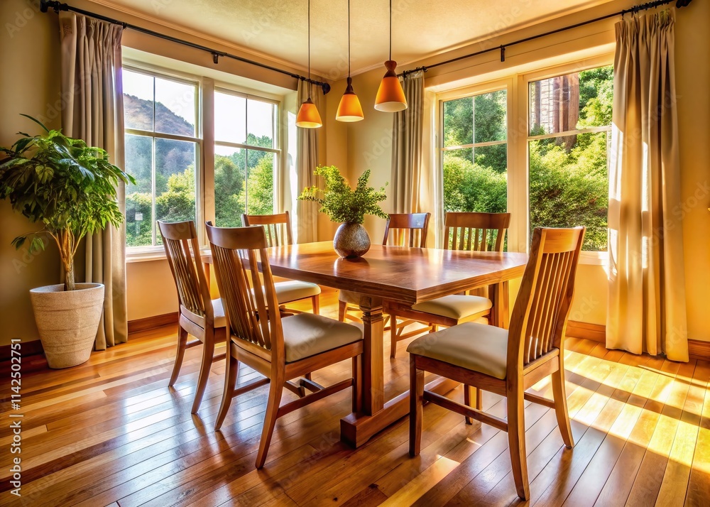 Fototapeta premium Cream & Wood Dining Room: Rustic Elegance Documentary Photography