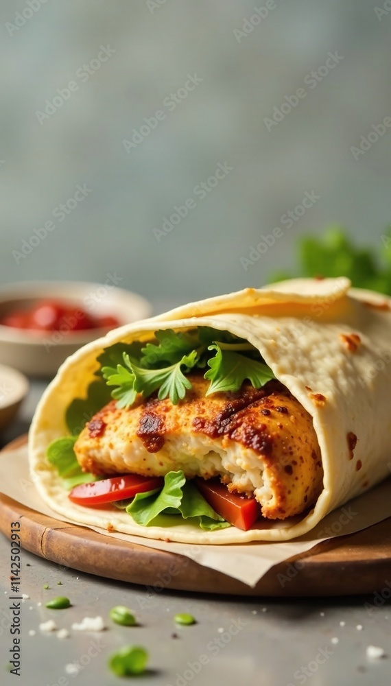 A folded and sealed chicken wrap placed on a counter with a few condiments next to it, container, utensil A folded and sealed chicken wrap placed on a counter with a few condiments next to it, container, utensil