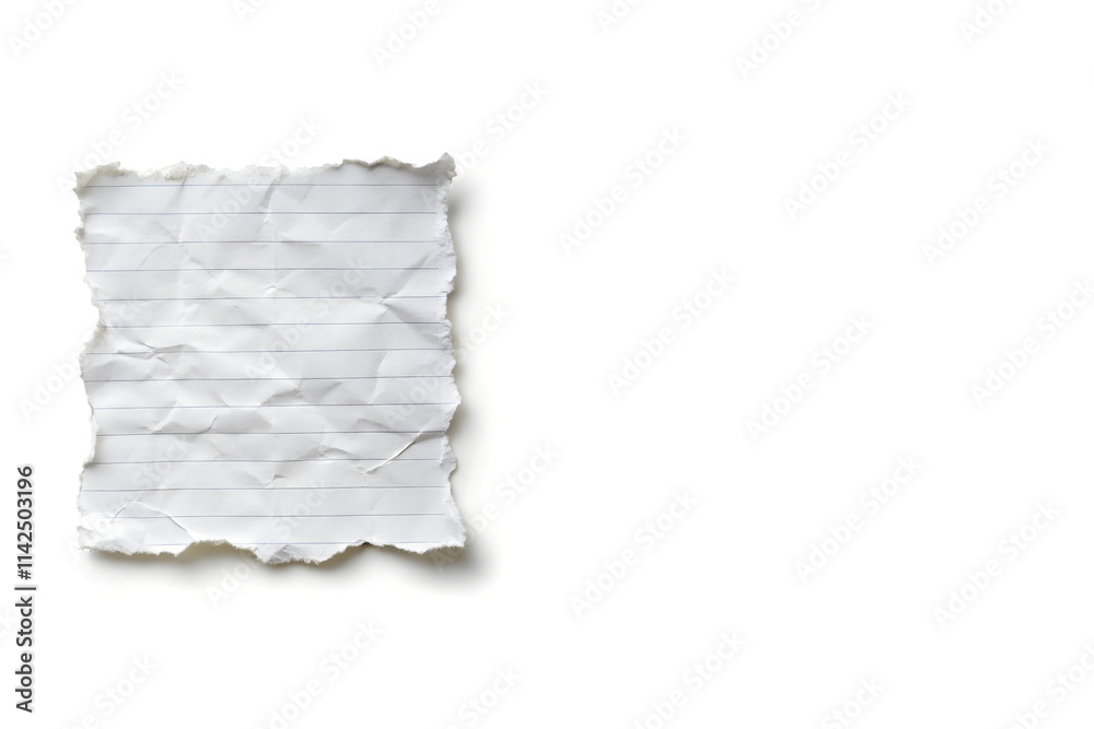 Crumpled Piece of Lined Notebook Paper with Rough Edges Positioned Left Side on White Background Crumpled Piece of Lined Notebook Paper with Rough Edges Positioned Left Side on White Background