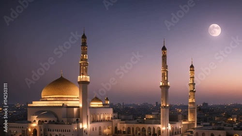 view of the mosque at night with the moon in the sky