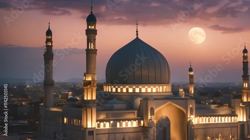 view of the mosque at night with the moon in the sky