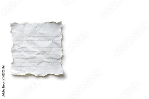 Crumpled Piece of Lined Notebook Paper with Rough Edges Positioned Left Side on White Background photo