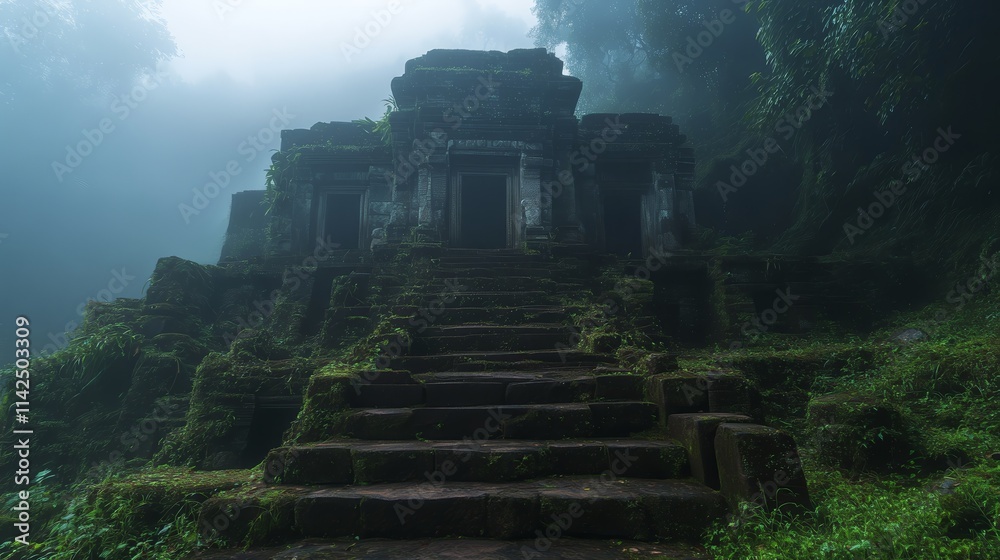 Ancient Stone Temple Ruins Overgrown Jungle Misty Fog Ancient Stone Temple Ruins Overgrown Jungle Misty Fog